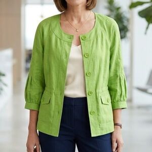 Jones New York Sport 100% Linen Blazer Jacket Quite Luxury Chic Green Coastal
